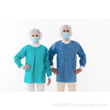 Disposable PP SMS non woven lab coat with knitted cuffs and collar